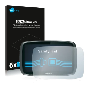 Front side of a product packaging with the brand logo Savvies. Next to it is the device TomTom GO 6000 shown with the correspo