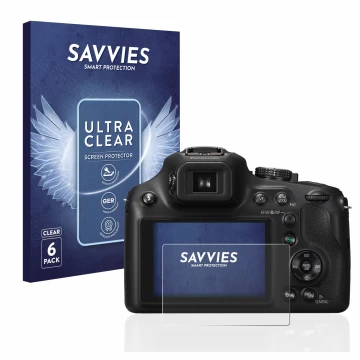 Front side of a product packaging with the brand logo Savvies. Next to it is the device Panasonic Lumix DMC-FZ72 shown with th