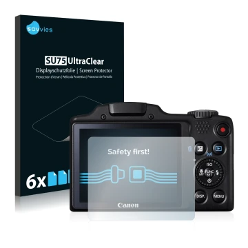 Front side of a product packaging with the brand logo Savvies. Next to it is the device Canon PowerShot SX510 HS shown with th