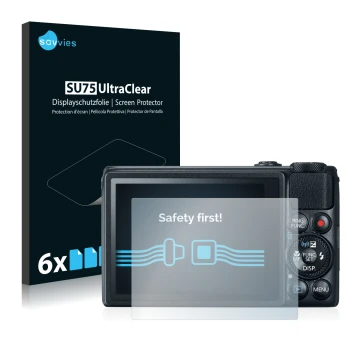 Front side of a product packaging with the brand logo Savvies. Next to it is the device Canon PowerShot S120 shown with the co