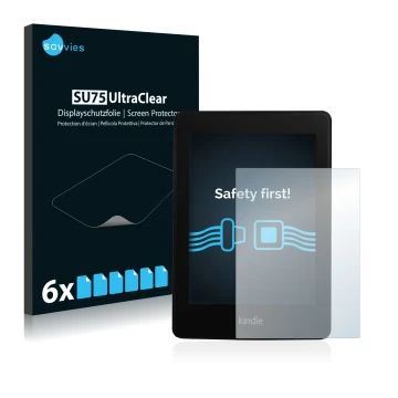Front side of a product packaging with the brand logo Savvies. Next to it is the device Amazon Kindle Paperwhite 2013 shown wi