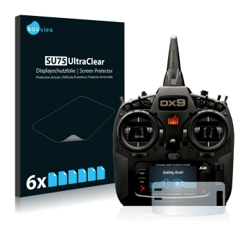 Front side of a product packaging with the brand logo Savvies. Next to it is the device Spektrum DX9 shown with the correspond