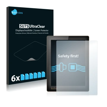 Front side of a product packaging with the brand logo Savvies. Next to it is the device Kobo Aura shown with the corresponding