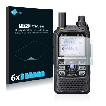 Front side of a product packaging with the brand logo Savvies. Next to it is the device Icom ID-51 shown with the correspondin