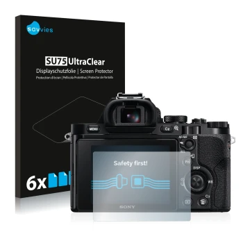 Front side of a product packaging with the brand logo Savvies. Next to it is the device Sony Alpha 7 (ILCE-7) shown with the c