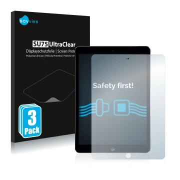 Front side of a product packaging with the brand logo Savvies. Next to it is the device Apple iPad Air 2013 shown with the cor