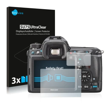 Front side of a product packaging with the brand logo Savvies. Next to it is the device Pentax K3, K-3 shown with the correspo