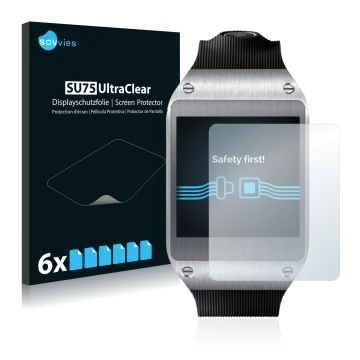 Front side of a product packaging with the brand logo Savvies. Next to it is the device Samsung Galaxy Gear V700 shown with th