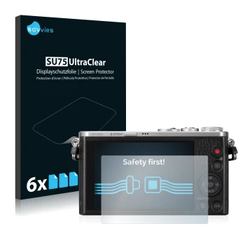 Front side of a product packaging with the brand logo Savvies. Next to it is the device Panasonic Lumix DMC-GM1 shown with the