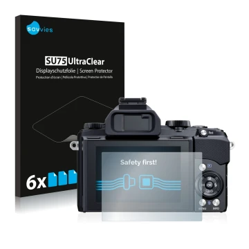 Front side of a product packaging with the brand logo Savvies. Next to it is the device Olympus Stylus 1 shown with the corres