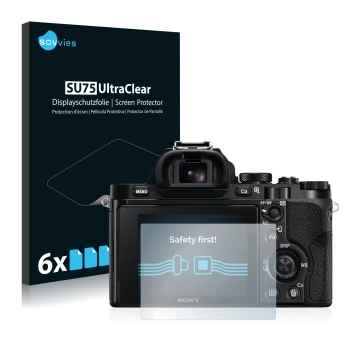 Front side of a product packaging with the brand logo Savvies. Next to it is the device Sony Alpha 7R (ILCE-7R) shown with the