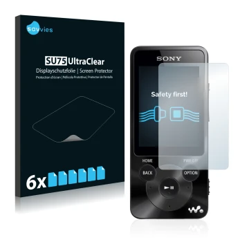 Front side of a product packaging with the brand logo Savvies. Next to it is the device Sony Walkman NWZ-E585 shown with the c