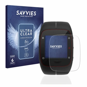 Front side of a product packaging with the brand logo Savvies. Next to it is the device Polar M400 shown with the correspondin