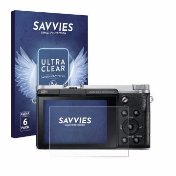 Front side of a product packaging with the brand logo Savvies. Next to it is the device Samsung NX300M shown with the correspo