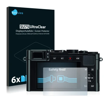 Front side of a product packaging with the brand logo Savvies. Next to it is the device Leica D-Lux (Typ 109) shown with the c