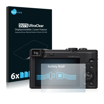 Front side of a product packaging with the brand logo Savvies. Next to it is the device Panasonic Lumix DMC-TZ61 shown with th