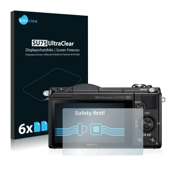 Front side of a product packaging with the brand logo Savvies. Next to it is the device Sony Alpha 5000 (DSLR-A5000) shown wit