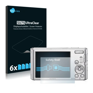 Front side of a product packaging with the brand logo Savvies. Next to it is the device Sony Cyber-Shot DSC-W830 shown with th