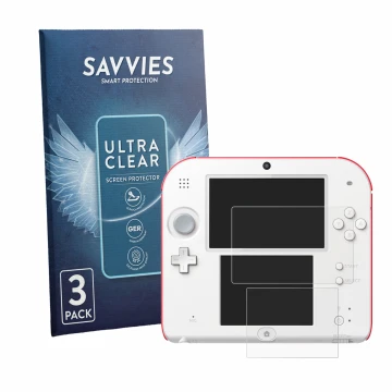 Front side of a product packaging with the brand logo Savvies. Next to it is the device Nintendo 2DS shown with the correspond