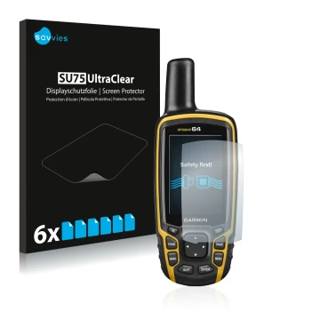 Front side of a product packaging with the brand logo Savvies. Next to it is the device Garmin GPSMAP 64 shown with the corres