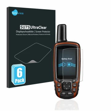 Front side of a product packaging with the brand logo Savvies. Next to it is the device Garmin GPSMAP 64s shown with the corre