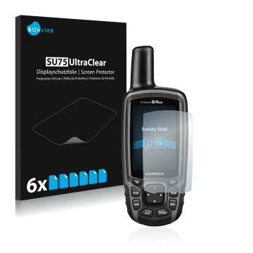 Front side of a product packaging with the brand logo Savvies. Next to it is the device Garmin GPSMAP 64st shown with the corr