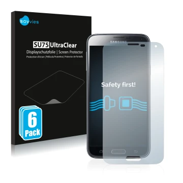 Front side of a product packaging with the brand logo Savvies. Next to it is the device Samsung Galaxy S5 shown with the corre