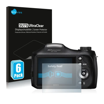 Front side of a product packaging with the brand logo Savvies. Next to it is the device Sony Cyber-Shot DSC-H300 shown with th