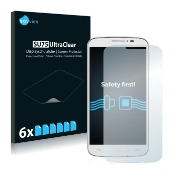 Front side of a product packaging with the brand logo Savvies. Next to it is the device Alcatel One Touch Pop C7 7040E shown w