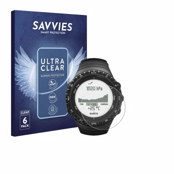 Front side of a product packaging with the brand logo Savvies. Next to it is the device Suunto Core Regular Black shown with t