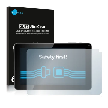 Front side of a product packaging with the brand logo Savvies. Next to it is the device Kliver Klipad 9