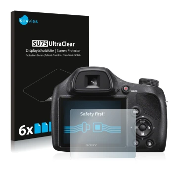Front side of a product packaging with the brand logo Savvies. Next to it is the device Sony Cyber-Shot DSC-H400 shown with th