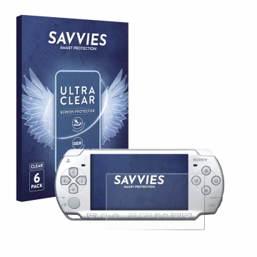 Front side of a product packaging with the brand logo Savvies. Next to it is the device Sony PSP 2004 shown with the correspon