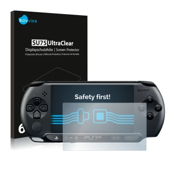Front side of a product packaging with the brand logo Savvies. Next to it is the device Sony PSP 2000 shown with the correspon