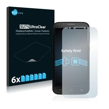 Front side of a product packaging with the brand logo Savvies. Next to it is the device Alcatel One Touch Pop S7 (Smartphone) 