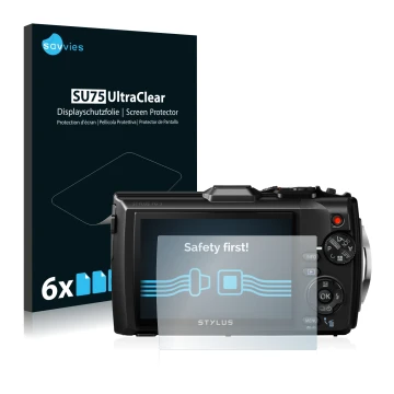 Front side of a product packaging with the brand logo Savvies. Next to it is the device Olympus Stylus Tough TG-3 shown with t