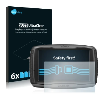 Front side of a product packaging with the brand logo Savvies. Next to it is the device Garmin zumo 590LM shown with the corre