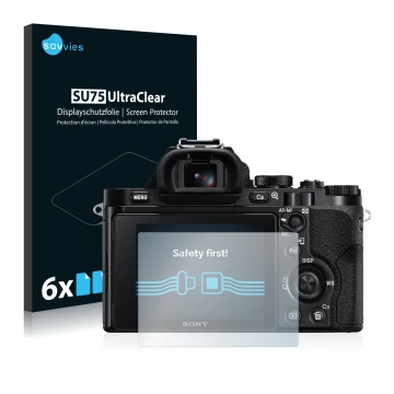 Front side of a product packaging with the brand logo Savvies. Next to it is the device Sony Alpha 7S shown with the correspon