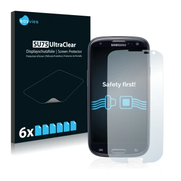 Front side of a product packaging with the brand logo Savvies. Next to it is the device Samsung Galaxy S3 Neo I9300I shown wit