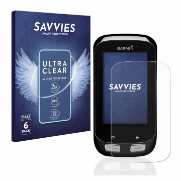 Front side of a product packaging with the brand logo Savvies. Next to it is the device Garmin Edge 1000 shown with the corres
