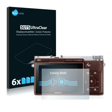 Front side of a product packaging with the brand logo Savvies. Next to it is the device Samsung NX3000 shown with the correspo