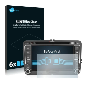 Front side of a product packaging with the brand logo Savvies. Next to it is the device Zenec Z-E2015 shown with the correspon