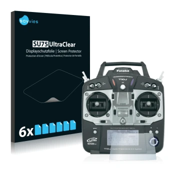 Front side of a product packaging with the brand logo Savvies. Next to it is the device Robbe Futaba T10J shown with the corre