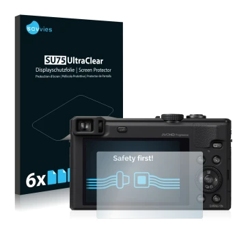Front side of a product packaging with the brand logo Savvies. Next to it is the device Panasonic Lumix DMC-TZ60 shown with th