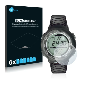 Front side of a product packaging with the brand logo Savvies. Next to it is the device Suunto Vector Black shown with the cor