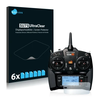 Front side of a product packaging with the brand logo Savvies. Next to it is the device Spektrum DX6 shown with the correspond