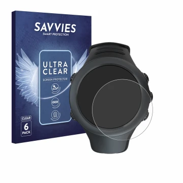 Front side of a product packaging with the brand logo Savvies. Next to it is the device Suunto Ambit3 Sport Black shown with t