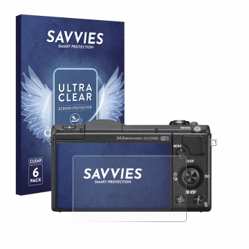 Front side of a product packaging with the brand logo Savvies. Next to it is the device Sony Alpha 5100 (DSLR-A5100) shown wit