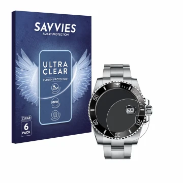Front side of a product packaging with the brand logo Savvies. Next to it is the device Rolex Submariner (Date) shown with the