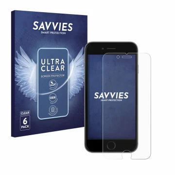 Front side of a product packaging with the brand logo Savvies. Next to it is the device Apple iPhone 6 shown with the correspo